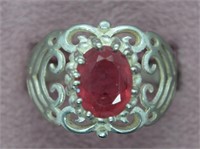 Vtg 925 Sterling & Ruby Filigree Ring Size 8.5