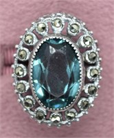 Antique Sterling Silver Marcasite &Blue Stone Ring