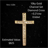 10kt Channel Set Diamond Cross Pendant, ~0.21ctw