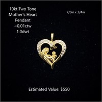 10kt Two Tone Mother's Heart Pendant, ~0.01ctw