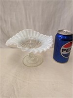 Dugan Coin Dot Glass Ruffled Compote 6 3/4" wide