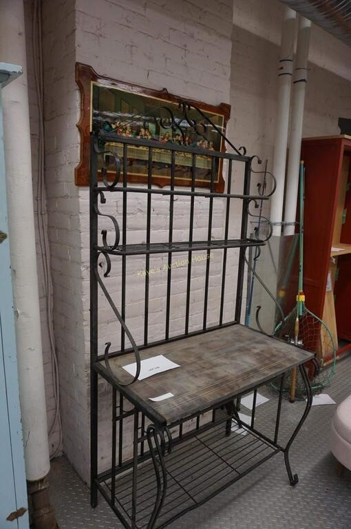 large metal stand-2-top shelves, wood work table,
