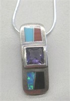 Sterling Silver Multi Stone Inlay Necklace