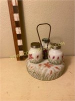 Antique Milk Glass Hand Painted Salt, Pepper