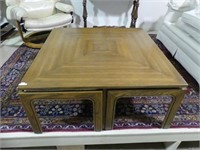 RETRO WOODEN COFFEE TABLE W/4 PADDED STOOLS