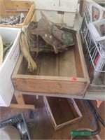 ANTIQUE WOOD BOX WITH AN OLD SEEDER (POOR SHAPE)