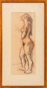 Moses Soyer Standing Nude Charcoal and Crayon
