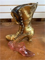 Cast Iron Victorian Boot & Fenton Glass Slipper