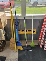 Umbrella, Garage Sale Sign, Brooms, Rake