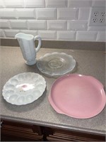 Milk Glass Pitcher and 3 serving trays