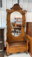 Oak Hall Seat w/Bevelled Mirror & Cast Iron