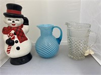 Ceramic Musical Snowman 14" & 2 Glass Pitchers