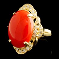 11.50ct Coral & 0.80ctw Diamond Ring in 14K Gold