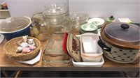 Large lot of glass bowls, baking dishes, crock