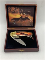 Cowboy Folding Knife in Hinged Wooden Box missing