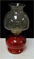 Vintage bright red oil lamp approx 13 inches tall