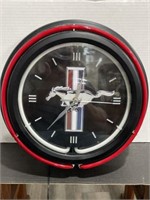 VINTAGE NEON MUSTANG WALL CLOCK WORKS 15.5 INCHES