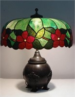 CHINESE BRONZE LAMP W/ LEADED GLASS SHADE