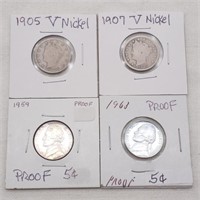 1905, 1907, 1959 Proof, 1963 Proof Nickels