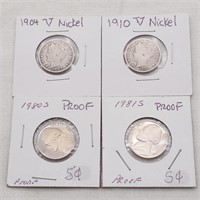 1904, 1910 V Nickels, 1980S, 1981S Proof 5 Cents