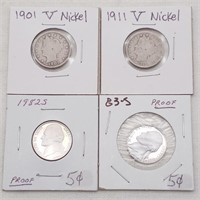 1901, 1911 V Nickels, 1982S, 1983S Proof 5 Cents