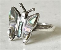 Sterling silver abalone butterfly pinky ring