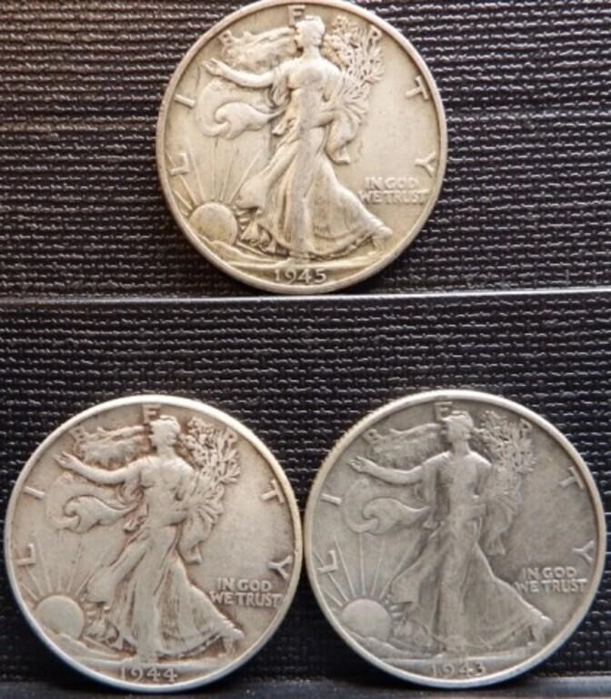 (3) 90% Silver Walking Half Dollars - Coins