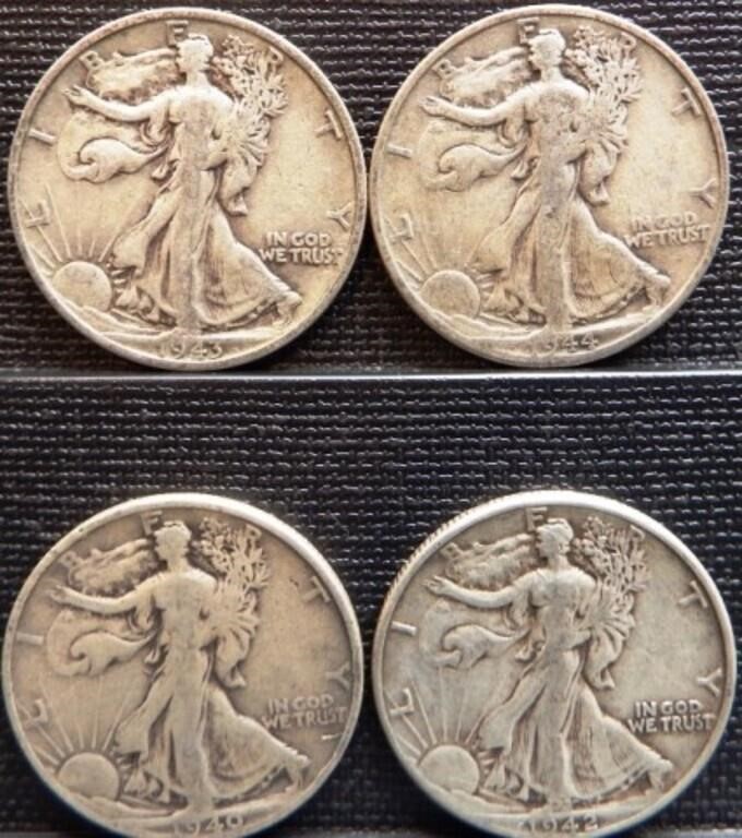 (4) 90% Silver Walking Half Dollars -Coins