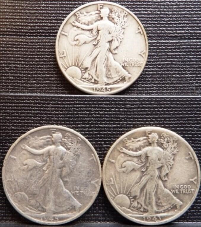 (3) 90% Silver Walking Half Dollars - Coins