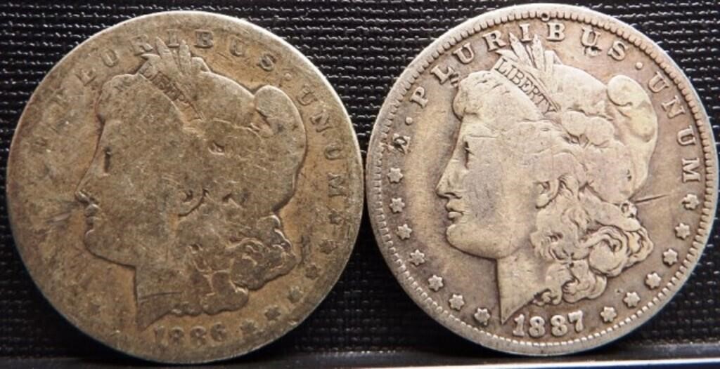 1886-O & 1887-O Morgan Silver Dollars - Coins