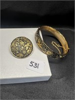 Vtg Black/Gold Toned Damascene Bracelet/Pin