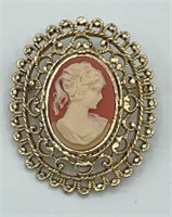 Vintage Faux Ivory CAMEO Gold Tone 2” Brooch