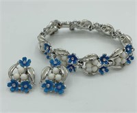Blue Enamel Rhinestone Flower Bracelet & Earrings