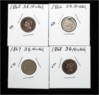 x4- 3-cent nickel pieces: 1865-1868 -x4 pieces