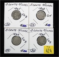 x4- 3-cent nickel pieces: 1865-1868 -x4 pieces