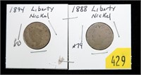Lot, 2 Liberty Head nickels: 1888, 1894 (?)
