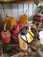 ASSORTMENT OF GAS CANS, SPRAYER, FIRE EXTINGUISHER