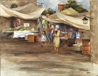 Oil Painting sgd Shirl Smithson, Marketplace Scene