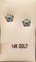 Blue Flower Enameled 14K Gold Screw Back Earrings