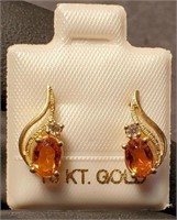 Orange Citrine Rhinestones on 10K Gold Earrings
