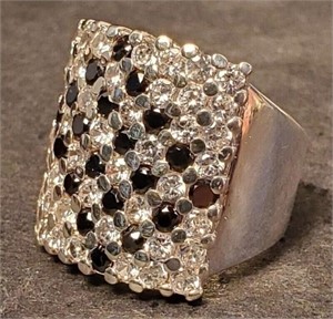 Silver Statement Ring Black & Clear Crystals Sz 6