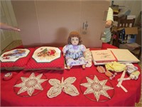 Christmas Pillows, Old Doll, vintage