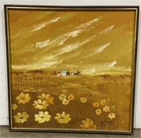 (RK) Artist Signed Floral Barn Oil Painting on