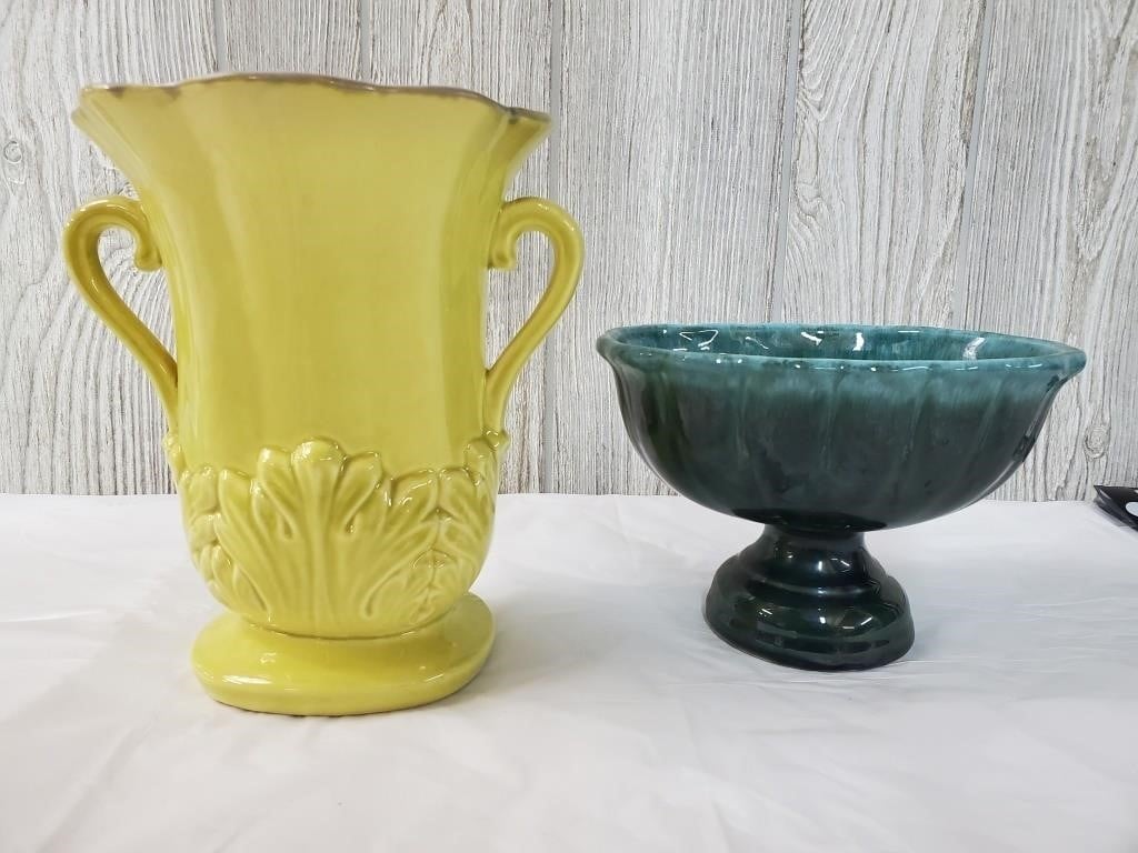 Redwing pottery yellow vase & teal footed bowl