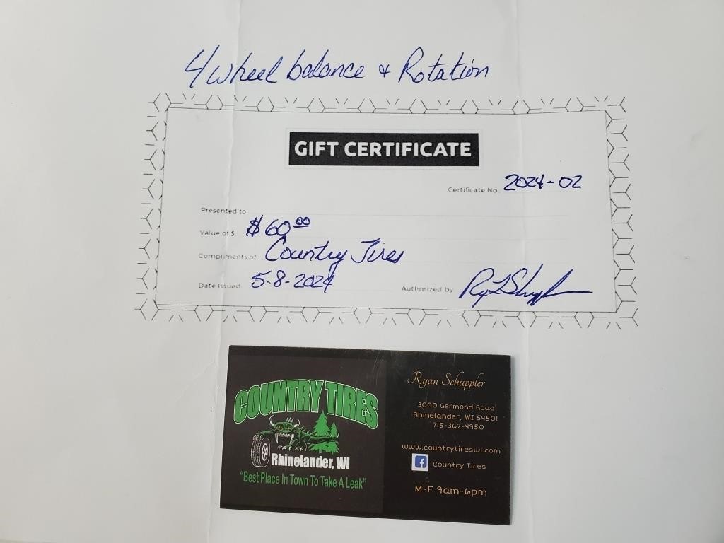 Country Tires Gift Certificate -tire rotation