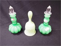 Three green Fenton items: pair of 7" perfume