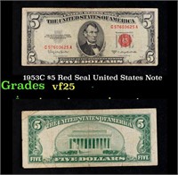 1953C $5 Red Seal United States Note Grades vf+