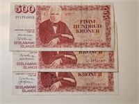 Iceland 500 kronur 1986 x3 Different Sign.VF.IC1