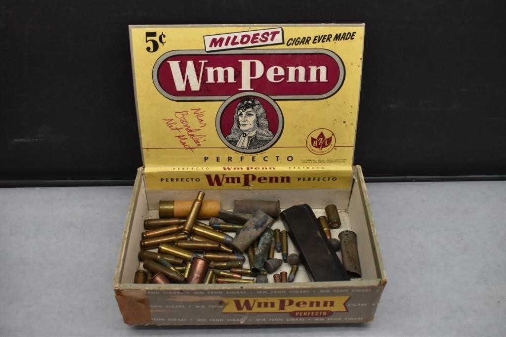Cigar Box w/ Assorted Bullets, 9MM Clip, etc