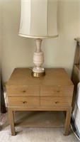 MCM nightstand, pink glass lamp